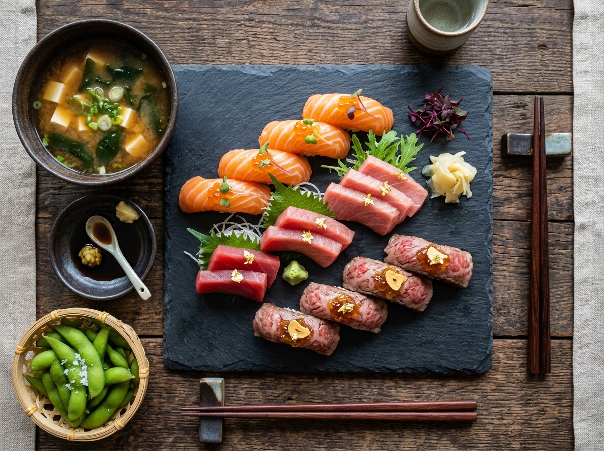Premium omakase sushi platter with seasonal nigiri and sashimi